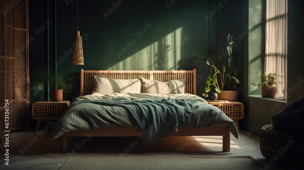 Cozy sustainable bedroom in natural colors with wooden furniture, stylish interior accessories and natural cotton textile indoor plants. Eco friendly home interior design