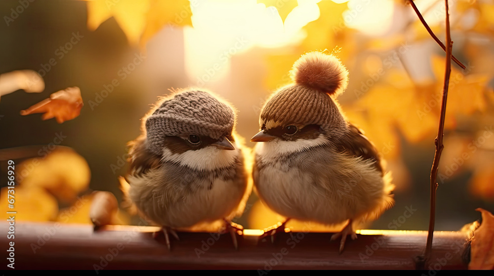 Two sparrows in knitted hats on a tree branch on a blurred autumn background.