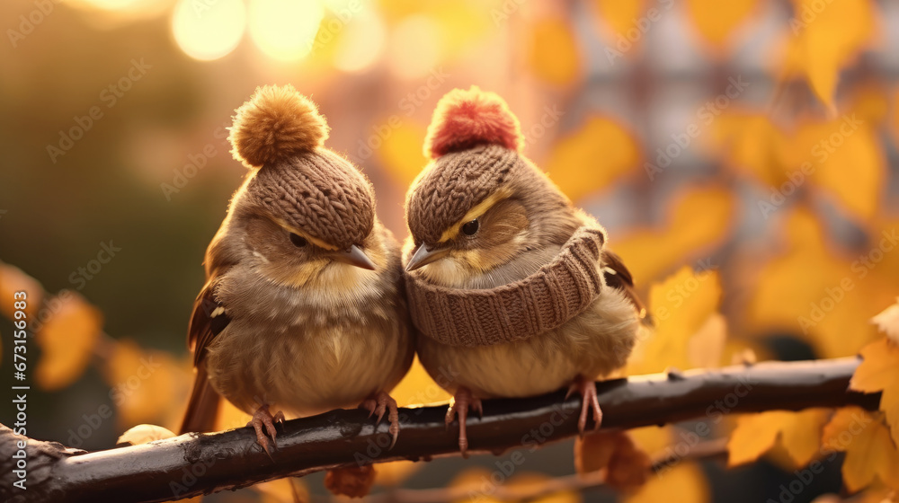 Two sparrows in knitted hats on a tree branch on a blurred autumn background.