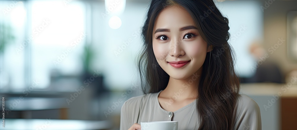 In the office there is a coffee cup being held by a woman who is young and of Asian descent