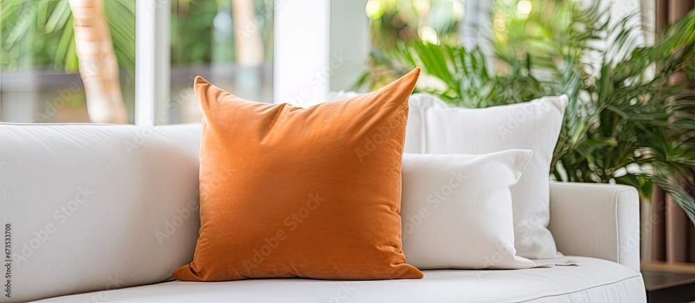 The living room sofa is adorned with decorative pillows that provide a cozy touch