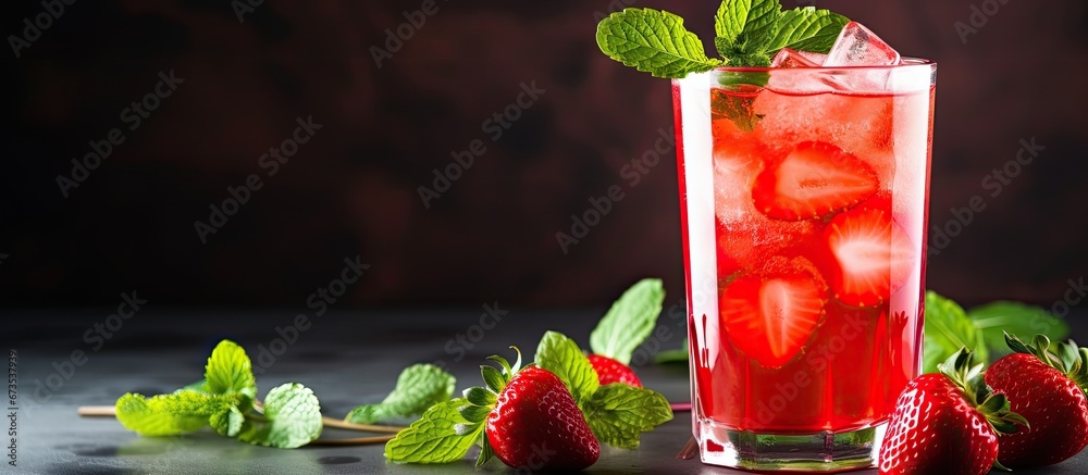 Refreshing strawberry mojito cocktail in a glass displayed on a light background