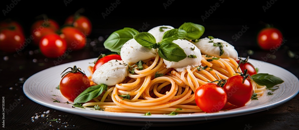 Selective focus is applied to a dish consisting of spaghetti with buffalo mozzarella tomato and oregano