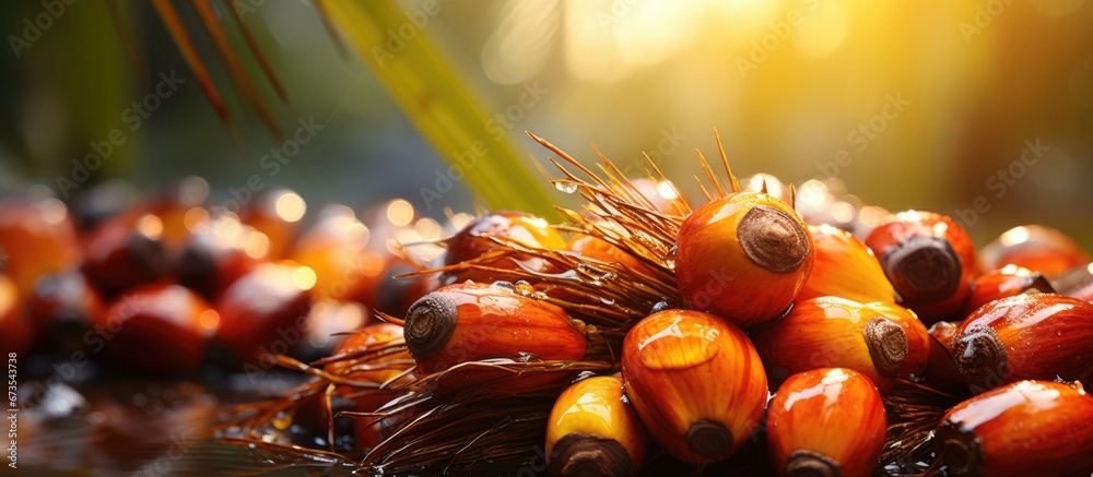 Newly harvested palm oil fruits found at a plantation that produces palm oil