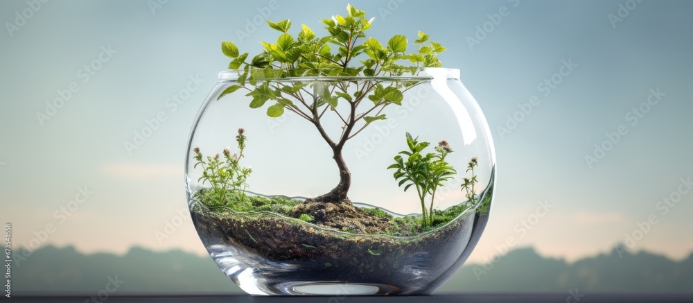 The Earth enclosed within a fragile glass vessel symbolizing the emergence of a fresh realm A novel realm depicted through a three dimensional artwork An image of a blossoming flower on a t