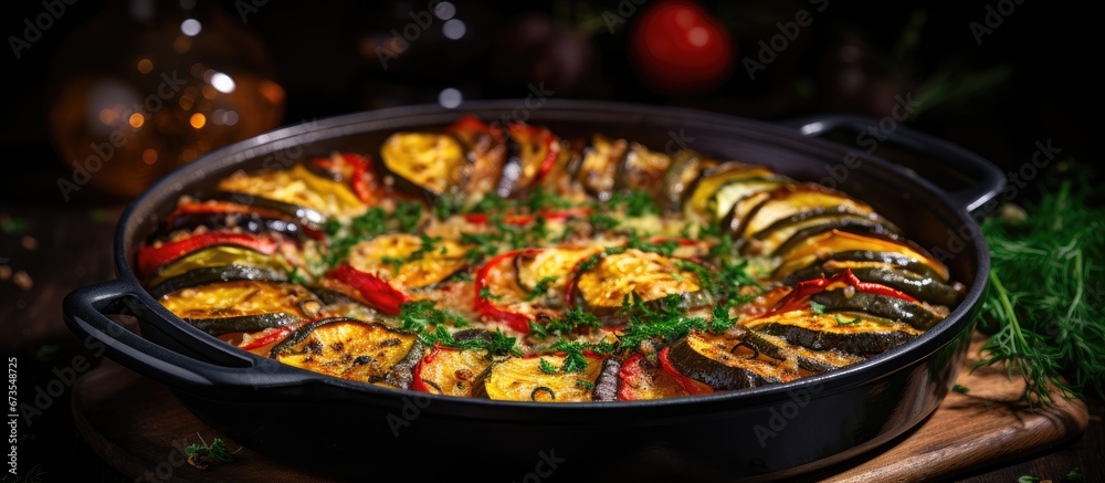 Selective focus on the celebrated vegetable gratin from Provence known as Ratatouille from France