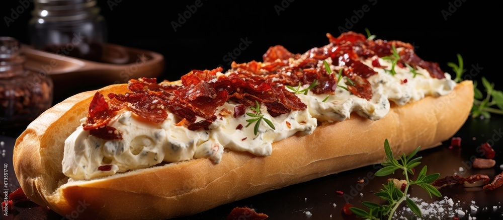 On a dark backdrop there is a French baguette adorned with cream cheese and sun dried tomatoes