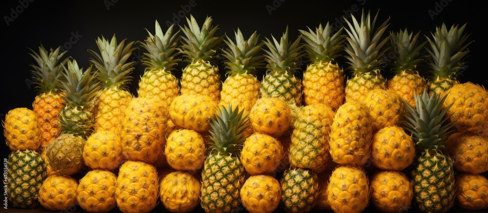 Numerous stacks of pineapples available for purchase in stores