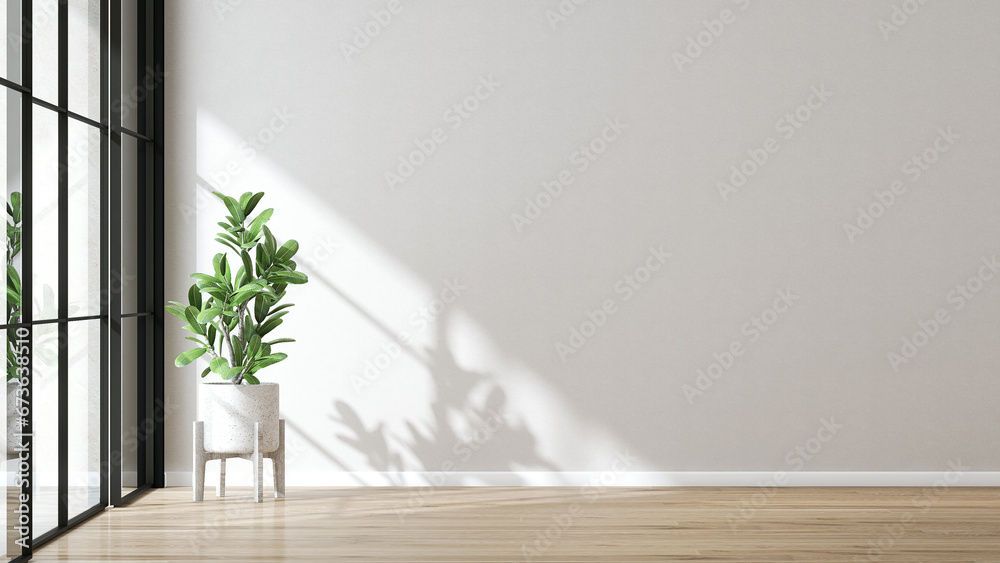 Modern minimal empty room with green tropical tree in pot, glass sliding door partition with black frame in sunlight on blank white wall, wood laminated parquet floor. Interior product background 3D