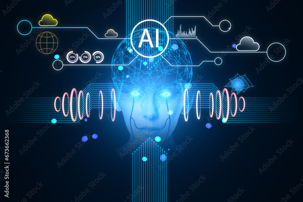 Creative polygonal human head and icons hologram on dark background. Artificial intelligence, chat GPT, bot assistant and machine learning concept. 3D Rendering.