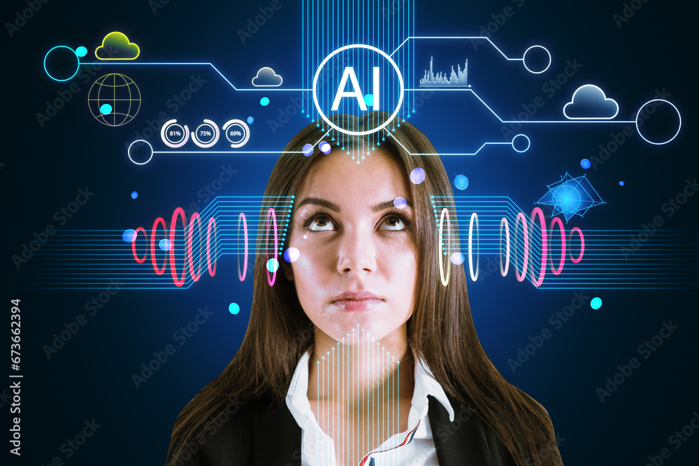 Portrait of young european businesswoman with creative polygonal human head and icons hologram on blue background. Artificial intelligence, chat GPT, bot assistant and machine learning concept.