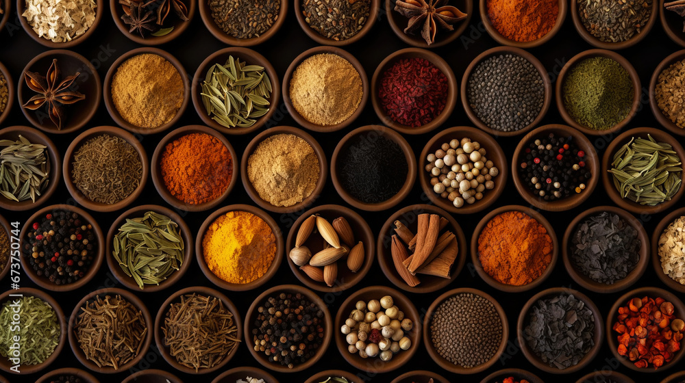 Collection of different aromatic spices and herbs in a wooden plates on dark background, view from above. Generative AI