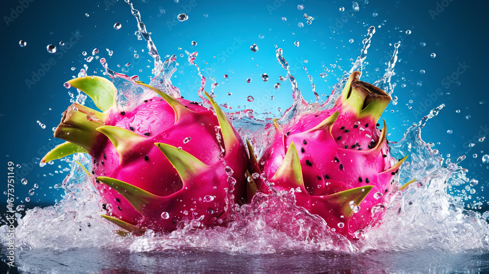 Fresh pitaya with water splashes on dark background. Generative AI