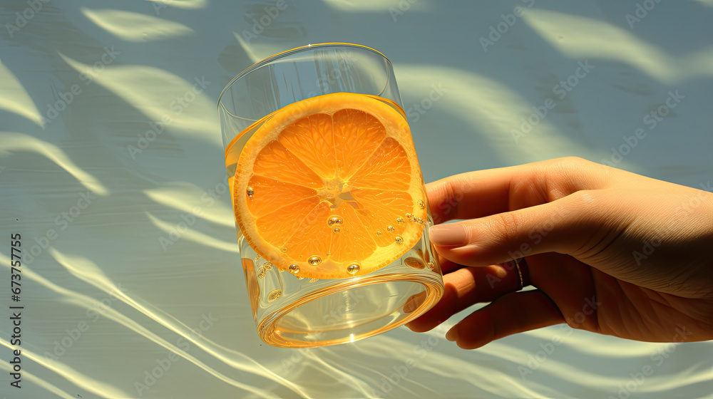 a glass contains orange juice with the orange and a slice of lemon,