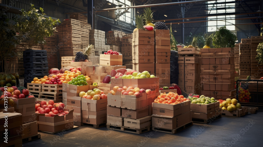 Ripe juicy fruits in a container. Production facilities of large warehouse - grading, packing and storage of crops.