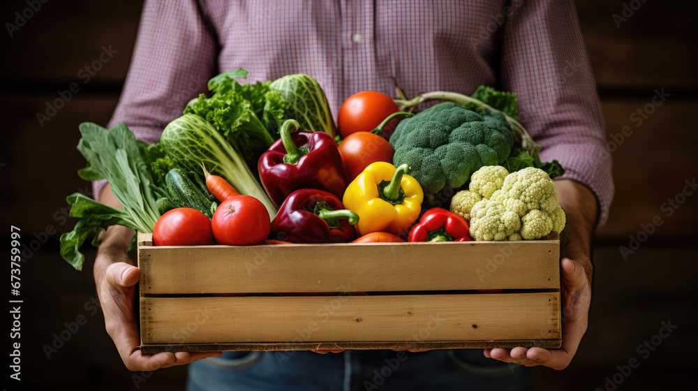 Farmer woman holding wooden box full of fresh raw vegetables. Basket with vegetable cabbage, carrots, cucumbers, radish, corn, garlic and peppers in the hands.