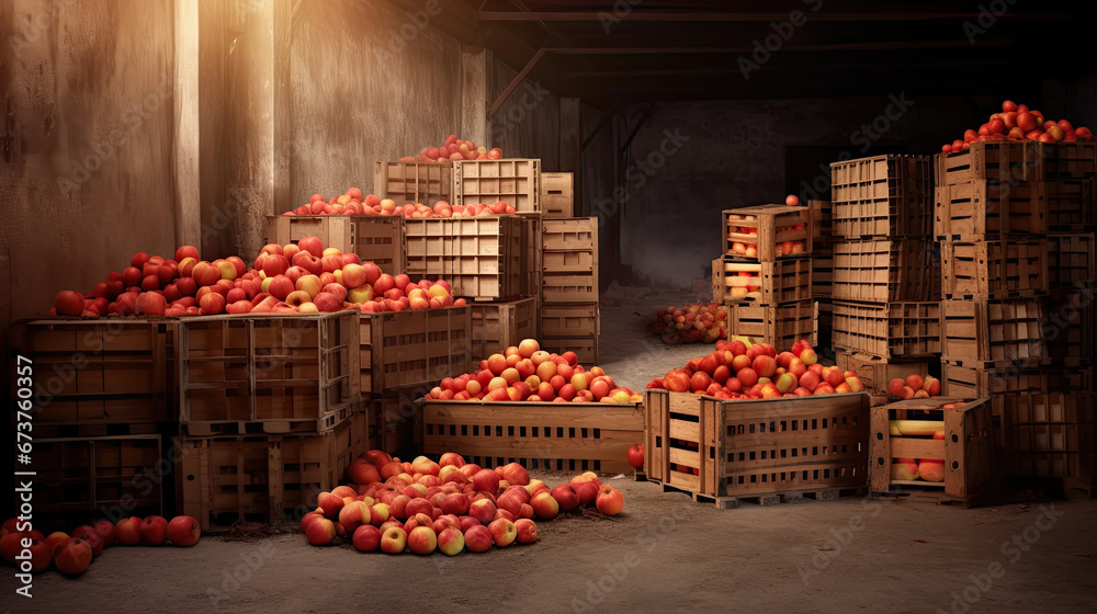 Apples in crates ready for shipping. Cold storage interior.apples in a warehouse 