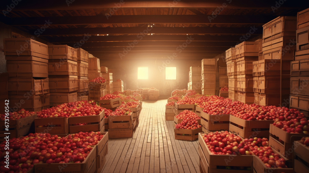 Apples in crates ready for shipping. Cold storage interior.apples in a warehouse 