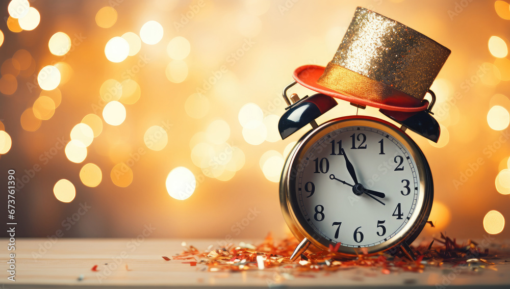 christmas alarm clock on the wooden table with sparkling baubles on bokeh background, copy space