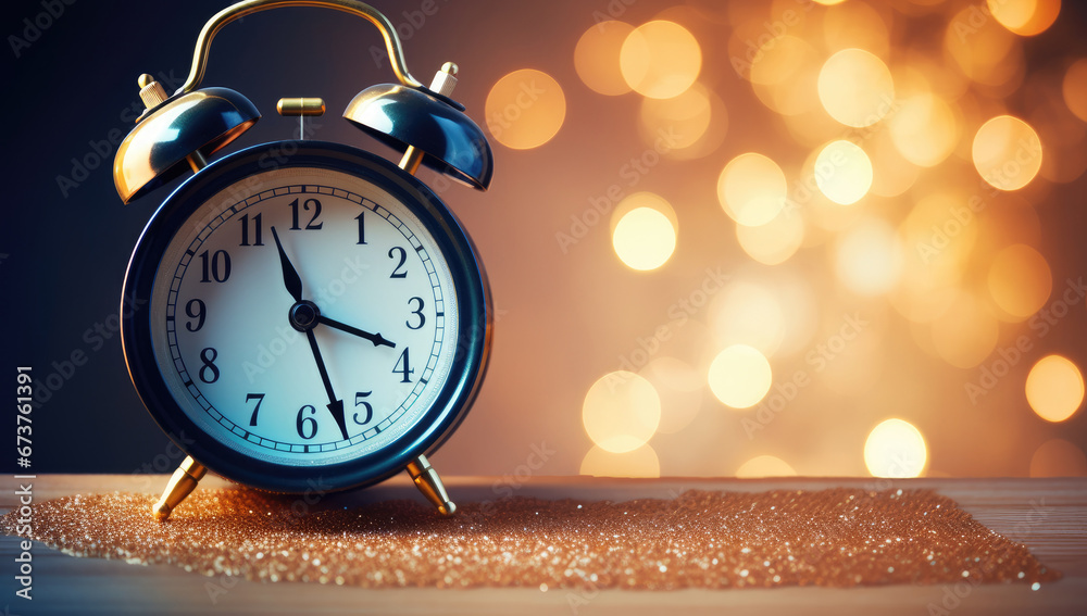 christmas alarm clock on the wooden table with sparkling baubles on bokeh background, copy space