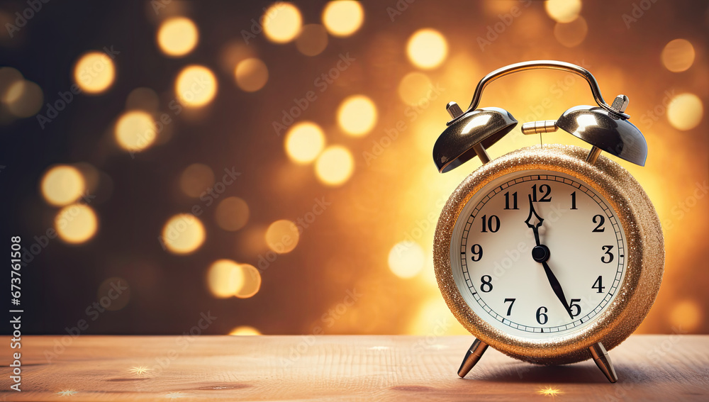 christmas alarm clock on the wooden table with sparkling baubles on bokeh background, copy space