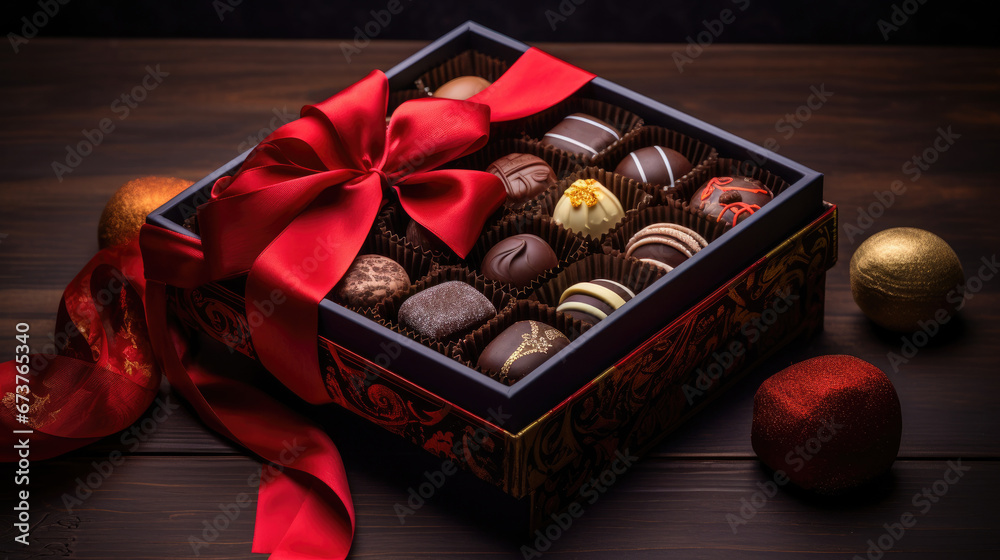 box of chocolates, chocolate candies in box ,chocolate pralines in a gift box as a luxury holiday present