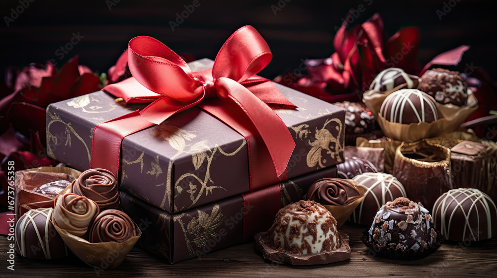 box of chocolates, chocolate candies in box ,chocolate pralines in a gift box as a luxury holiday present