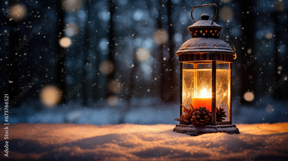 christmas lantern in the snow with copy space, Candle lantern under the snowy branches at dusk. Christmas time in a wintery garden.