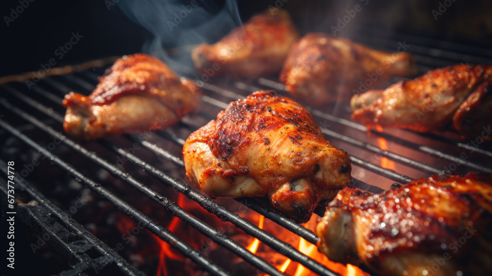 grilled meat on the grill, juicy seasoned chicken drumsticks on a grill 