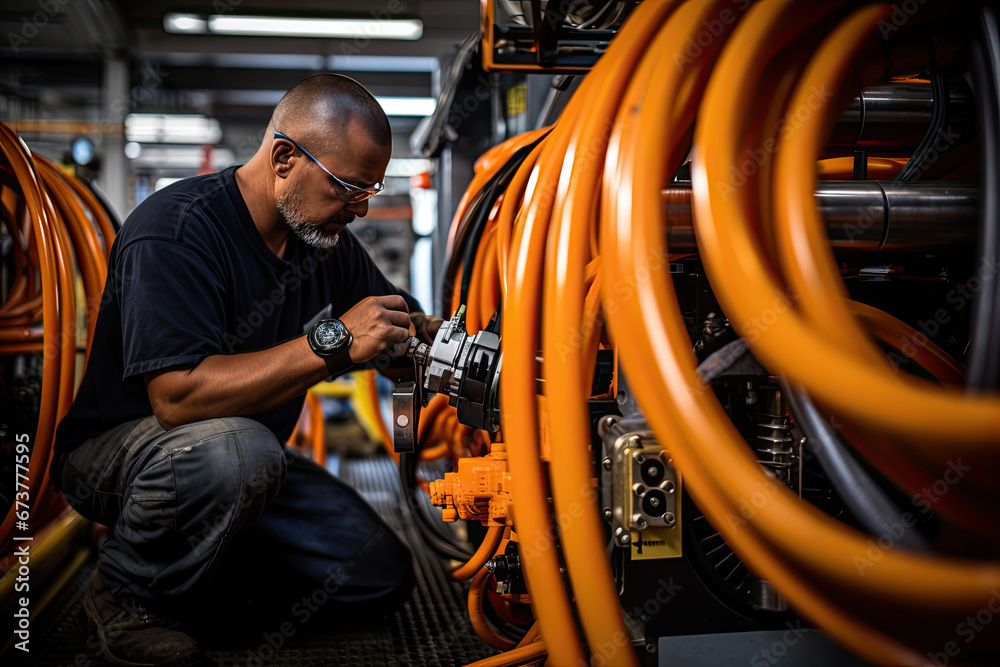 mechanic changing wheels, Professional engineer checking machine walk through giant motor, Manufacturing Factory. Large Indust