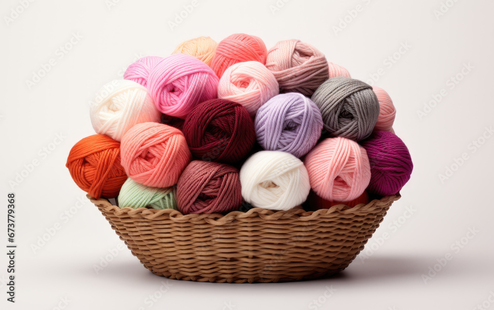 Balls of yarn in a basket on white background