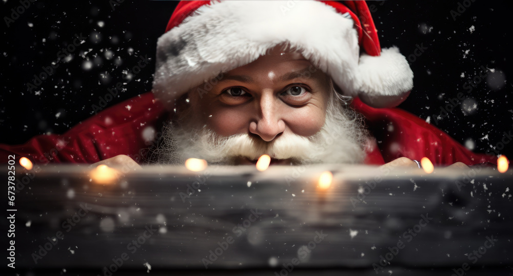 santa Claus peeking out through a board decorated in lights in winter