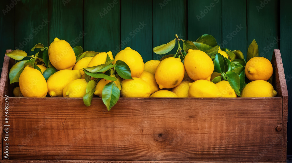 Ripe yellow lemons in the wooden box, Crate of freshly picked lemons on wooden table in lemon grove