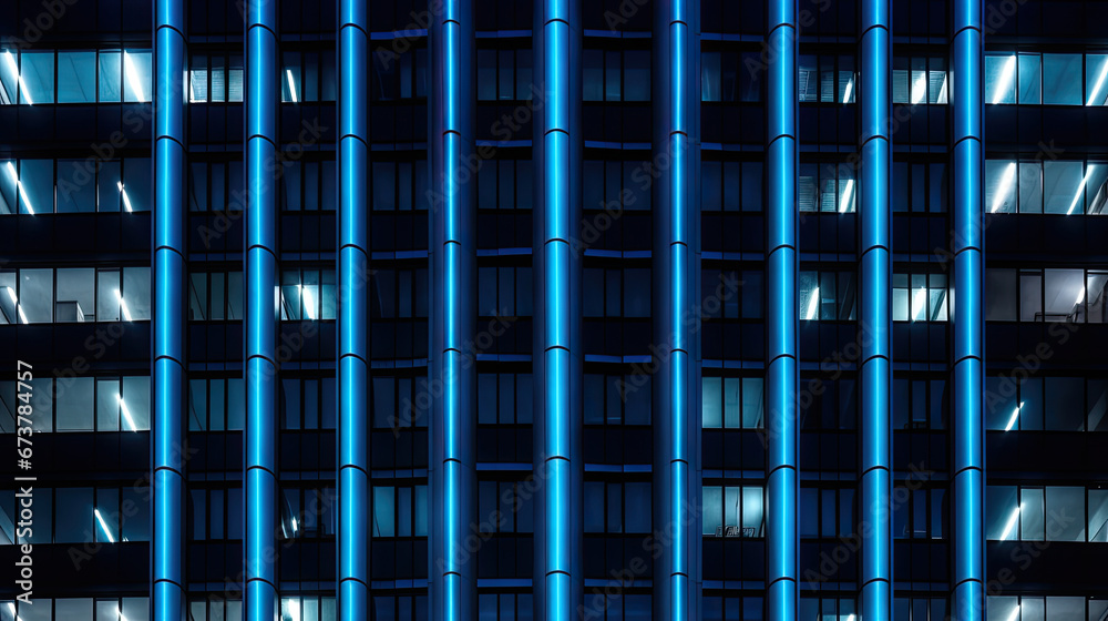 Seamless skyscraper facade with blue tinted windows and blinds at night