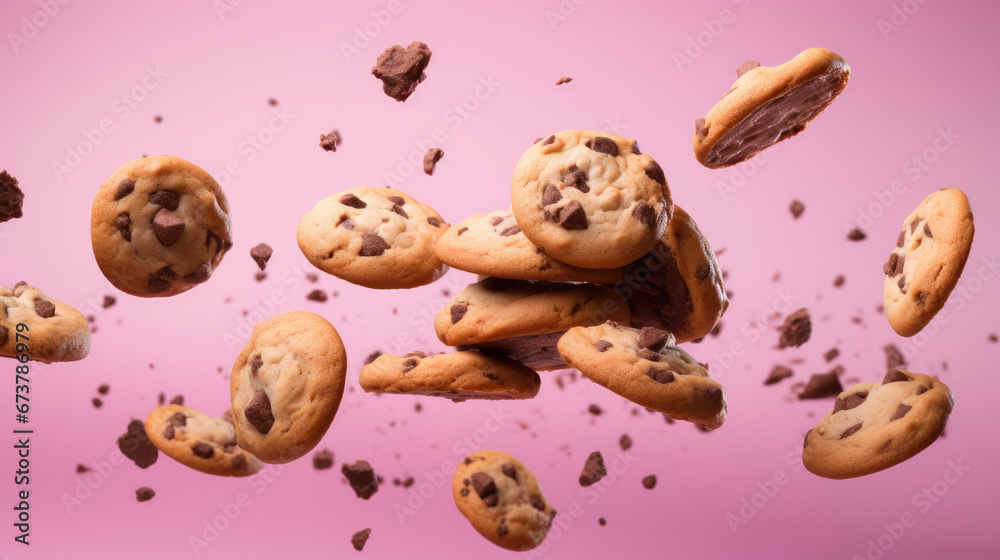 several chocolate chip cookies falling from the sky on a pink background