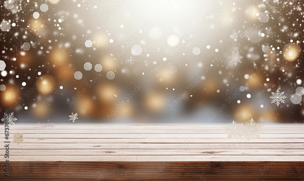 Christmas holiday background with empty wooden deck table over winter bokeh. Ready for product montage