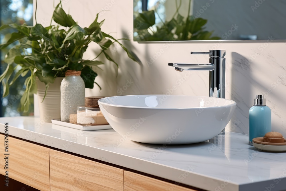 White sink on light countertop in modern bathroom.