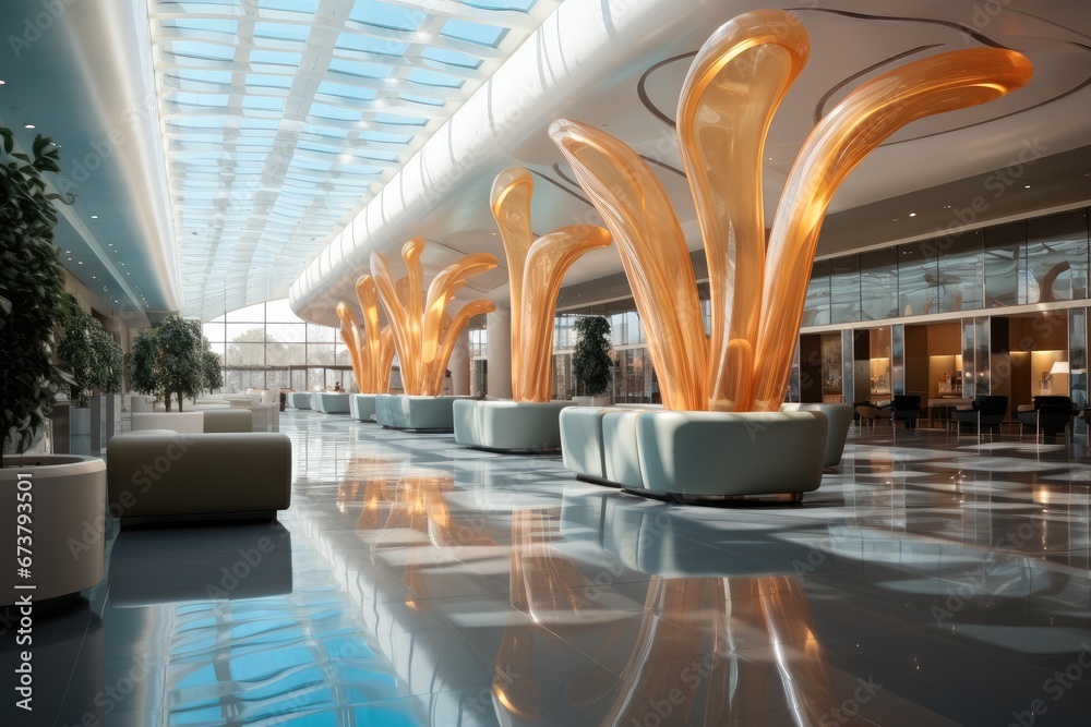 The lobby of a large shopping mall at an airport.