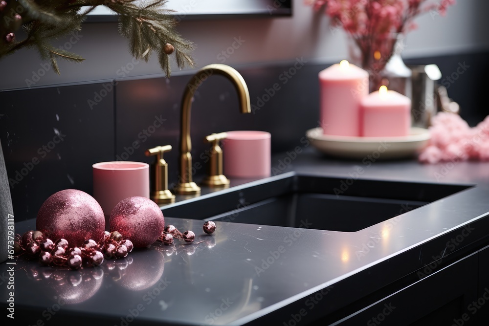 A black bathroom counter that has a pink holiday decoration on it.