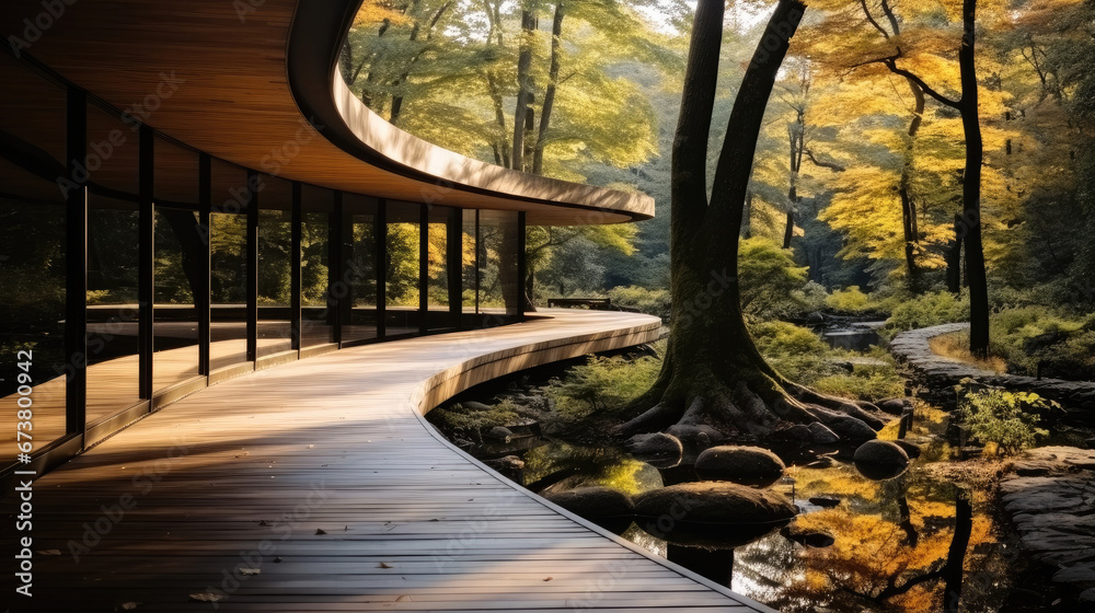 Wooden path in the forest, Curved shape, Flooring walking goes in the forest.