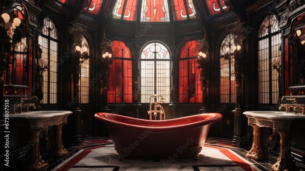 Interior elegance of a bathroom red and black, stained glass, luxurious.