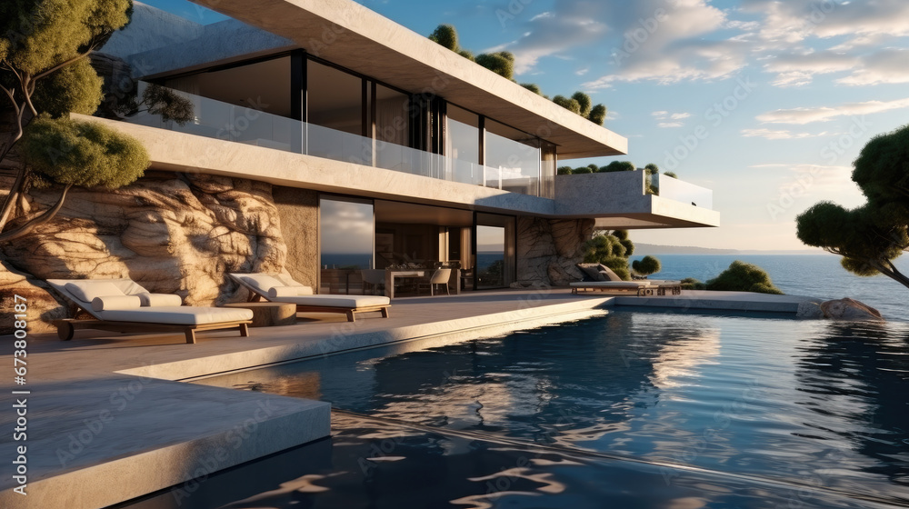 Tranquil modern luxury home showcase exterior with infinity pool and ocean view.