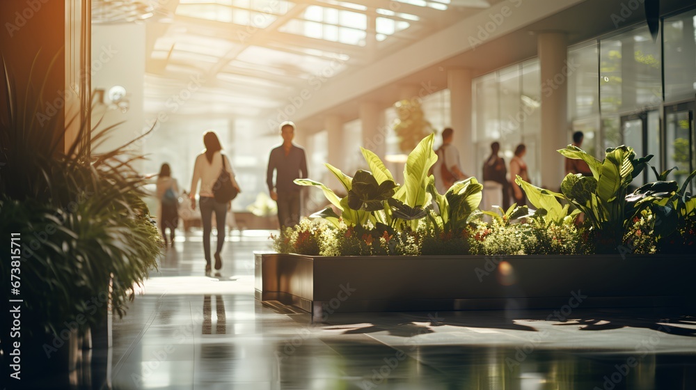 Green, sustainable and environmental office space with daily employee rush. Modern and nature friendly startup business with ESG standards and care for worker wellness and healthy environment.