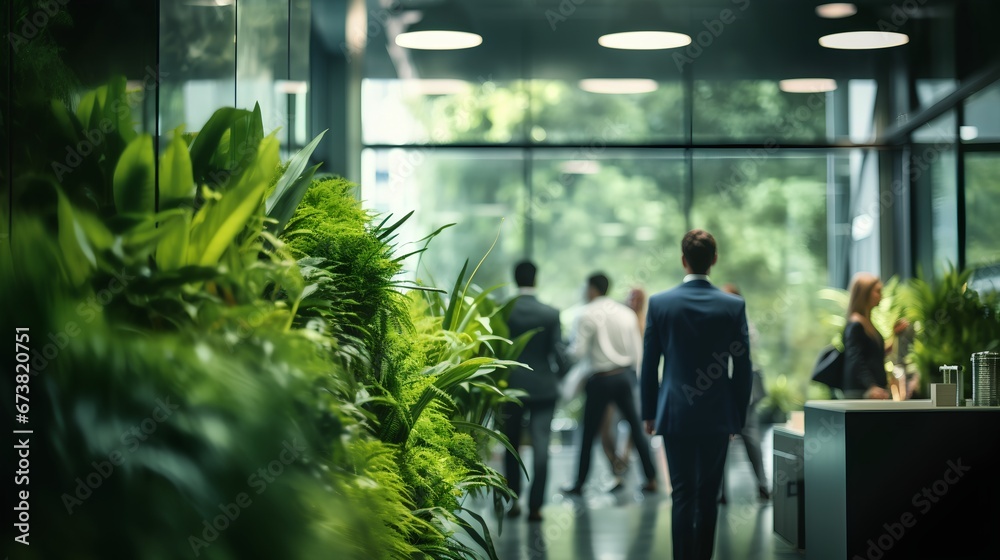 Green, sustainable and environmental office space with daily employee rush. Modern and nature friendly startup business with ESG standards and care for worker wellness and healthy environment.