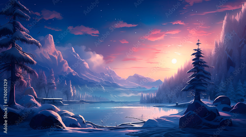 Winter landscape of snowy forest, lake and mountains. Beautiful landscape. Winter in the forest. A fabulous winter landscape in blue