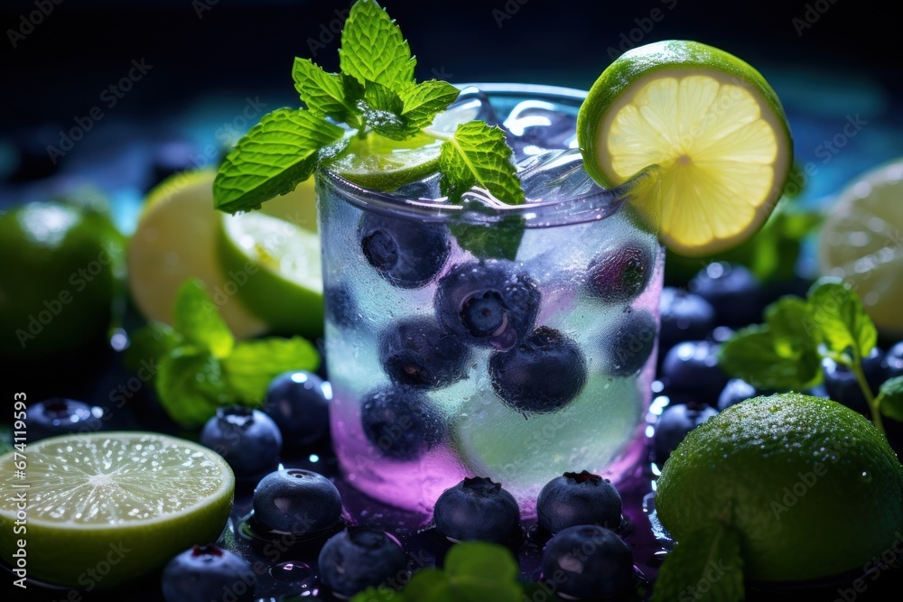 a cocktail of blueberries and mint with lime in the glass