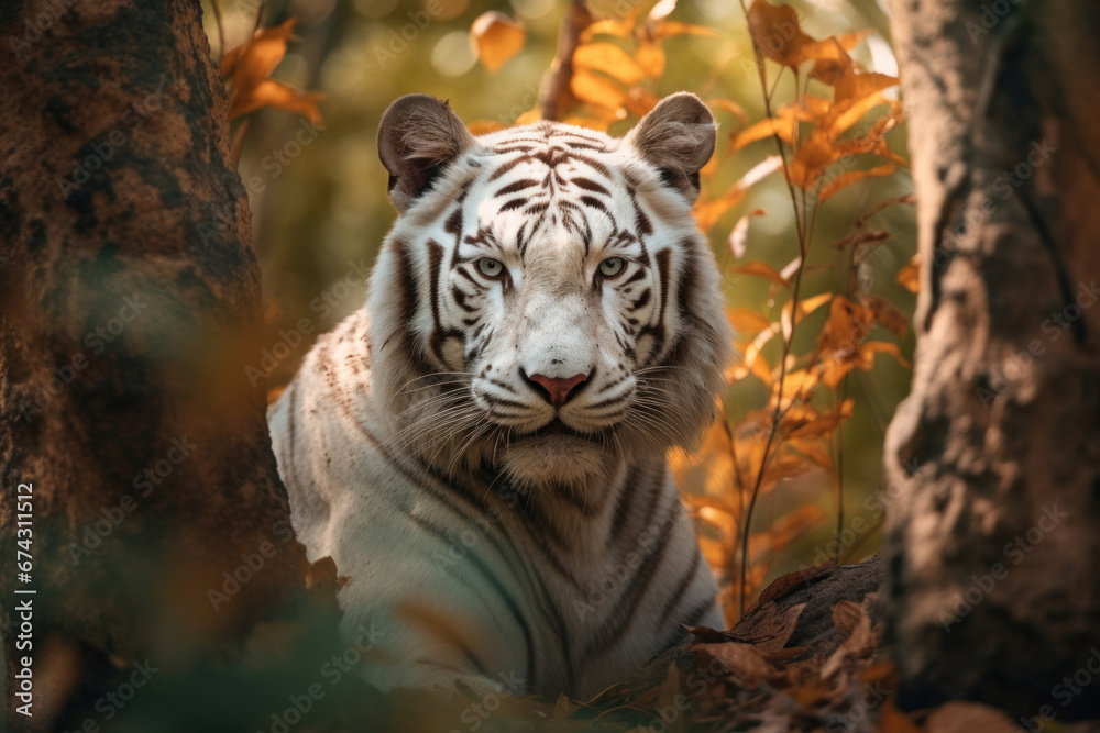 A white tiger in forest.