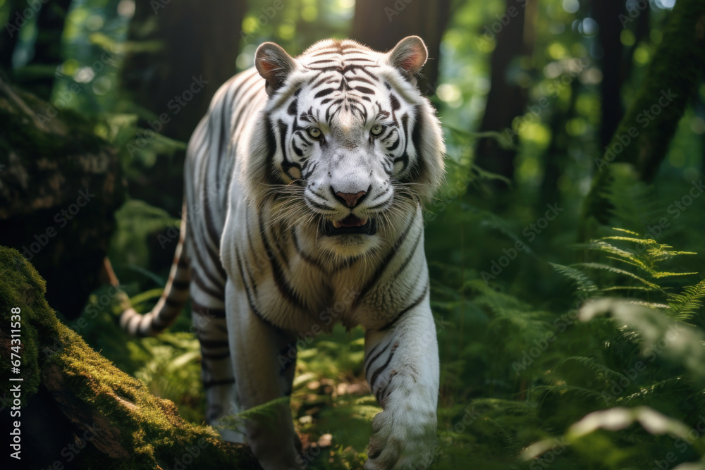 A white tiger in forest.