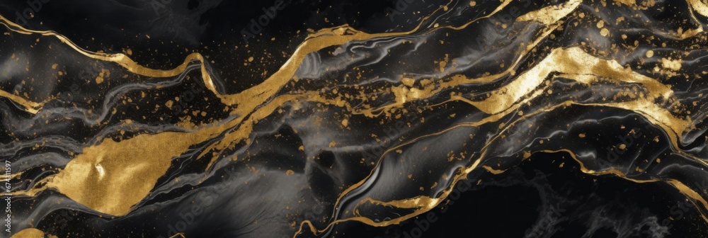 Abstract of Black marble background with gold liquid pattern. Marble or granite wall with golden wave splash.