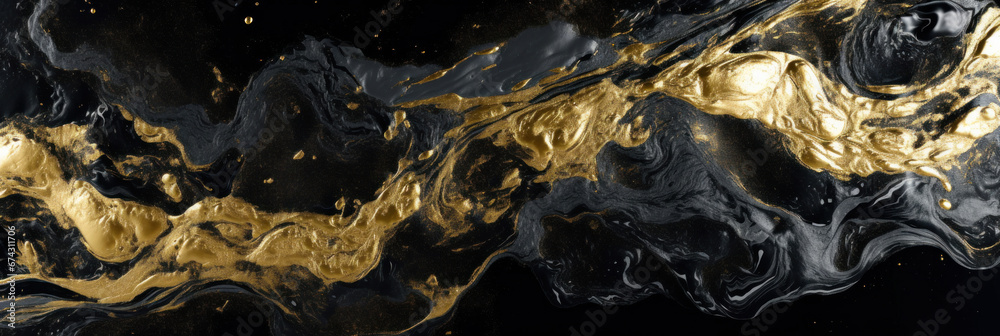 Abstract of Black marble background with gold liquid pattern. Marble or granite wall with golden wave splash.